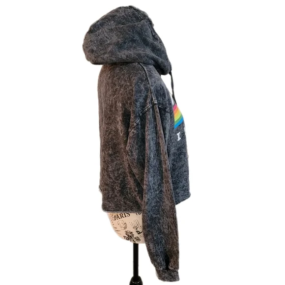 Womens Polaroid Acid Wash Retro Cropped Hoodie Long Sleeve Size M - Picture 7 of 8